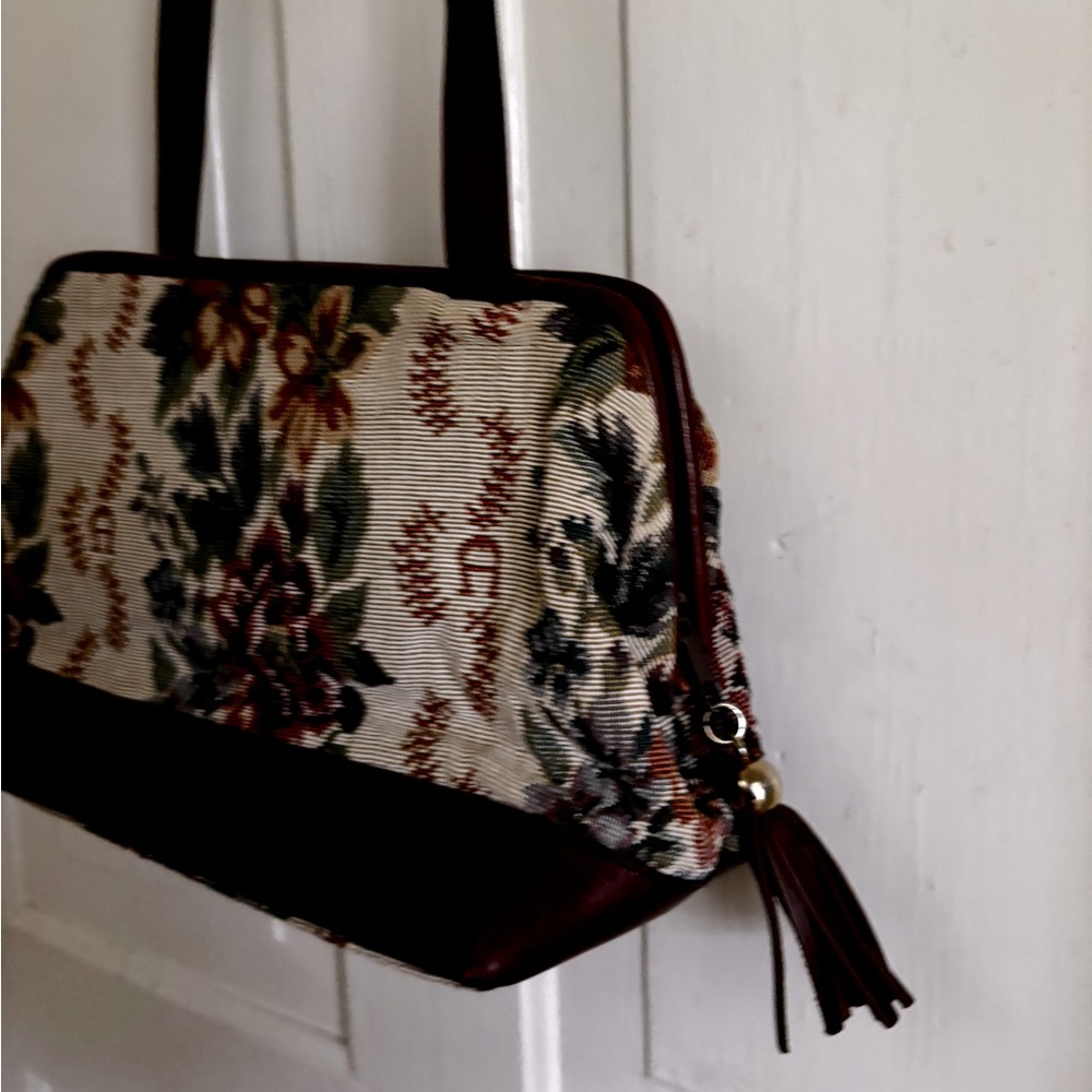 Vintage carpet bag purse with leather trim crossbody